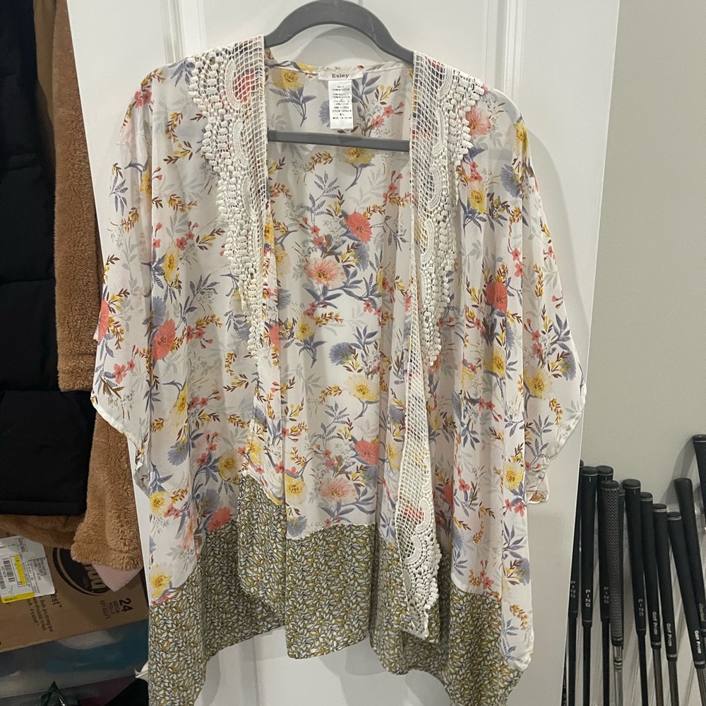 Esley Floral Sheer Open-Front Cardigan in Cream with Coral and Yellow Blooms